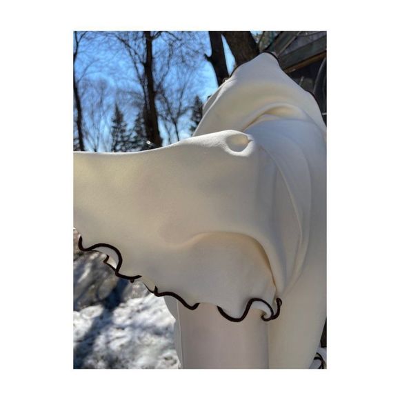 70s Ivory Maxi Dress Brown Ruffle Trim V Neck Flutter Cap Sleeve Oversize Collar - Picture 5 of 14